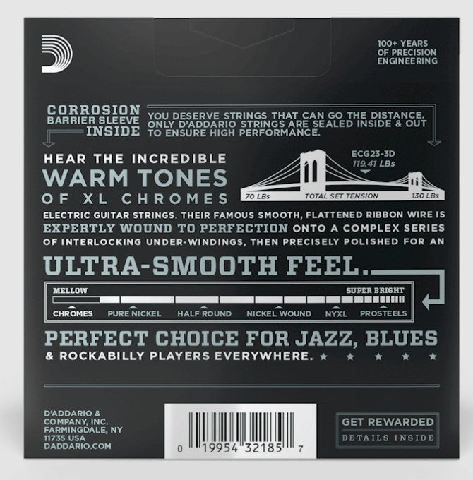 D'Addario ECG23-3D Chromes Flat Wound, Extra Light, 10-48 - 3 pack
