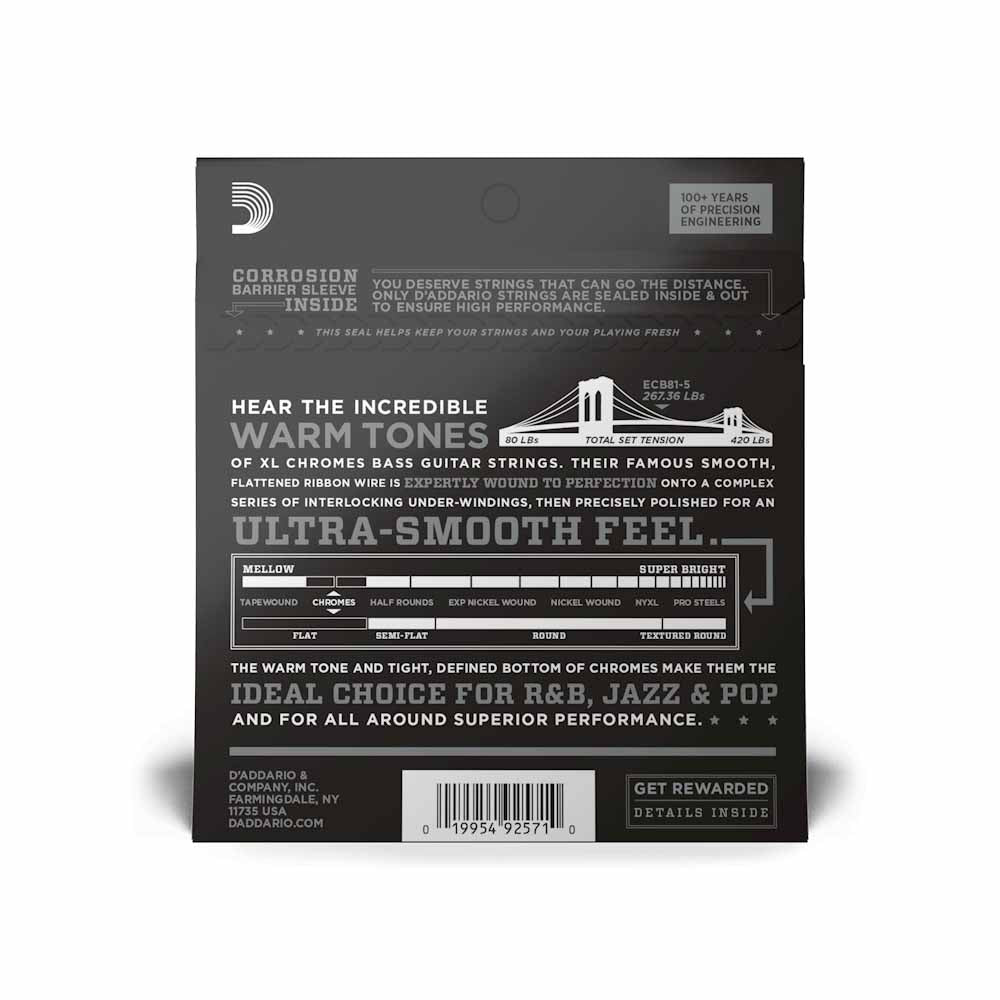D'Addario ECB81-5 45-132 Regular Light 5-String, Long Scale, XL Chromes Bass Strings