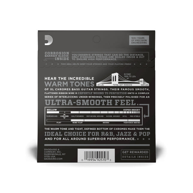 D'Addario ECB81 XL Chromes Flat Wound, Bass Strings Light, Long Scale 45-100