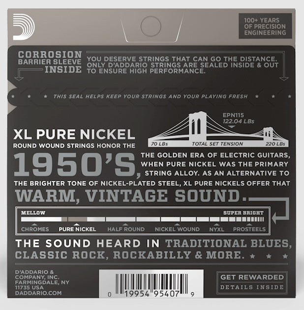D'Addario EPN115 Pure Nickel 11-48 Medium Gauge Strings