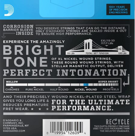 D'Addario EXL115-3D Nickel Wound Medium Gauge 11-49 Guitar Strings - 3 pack