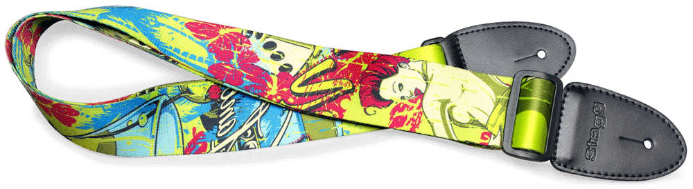 Stagg Terylene Guitar Strap with "Pop girl" Pattern - Green