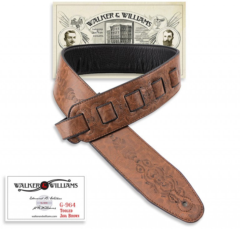 Walker and Williams G-964 Java Brown Tooled Strap with Padded Glove Leather Back