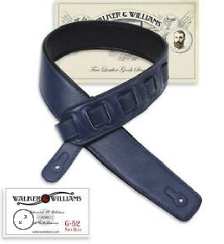 Walker and Williams Blue on Black Padded Glove Leather Back Guitar Strap