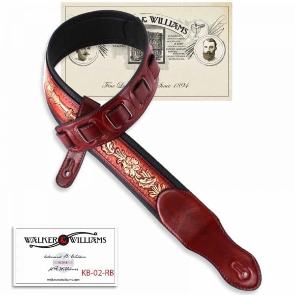 Walker and Williams KB-02-RB Dark Bourbon Red Carving Leather Padded Strap With Floral Skull & Cross