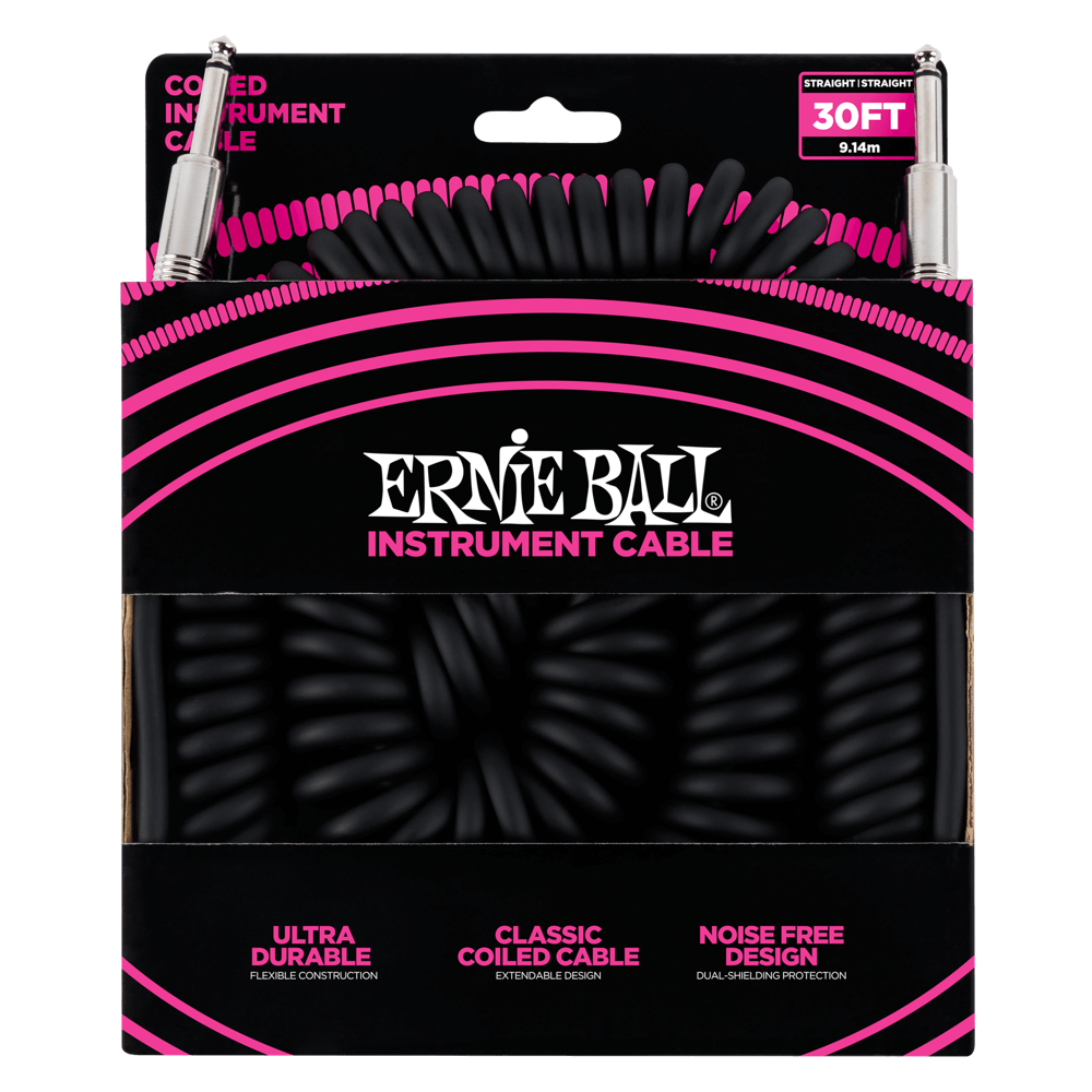 Ernie Ball 30' COILED STRAIGHT/STRAIGHT INSTRUMENT CABLE - BLACK