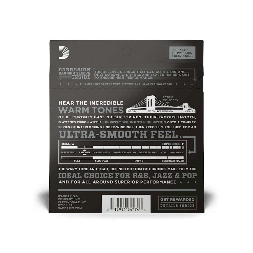 D'Addario ECB81S XL Chromes Flat Wound Bass Strings Regular Light Short Scale 45-100