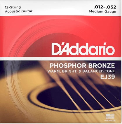 D'Addario EJ39 Phosphor Bronze 12-String Acoustic Guitar Strings, Medium, 12-52