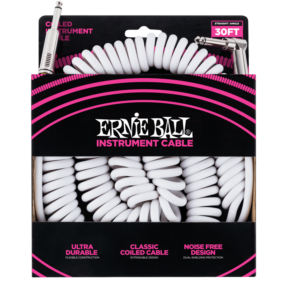 Ernie Ball Instrument Cable 30' Coiled Straight/Angle - White