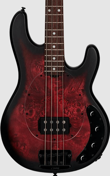 Sterling by Music Man Stingray RAY34 Poplar Burl Bass Guitar - Dark Scarlet Burst Satin