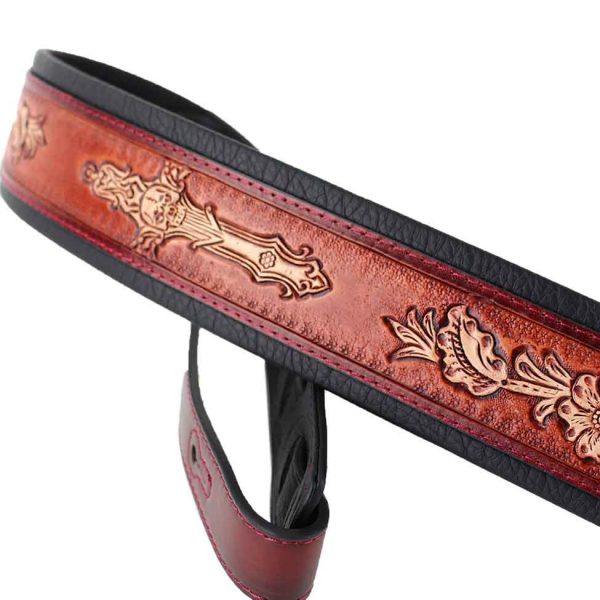 Walker and Williams KB-02-RB Dark Bourbon Red Carving Leather Padded Strap With Floral Skull & Cross