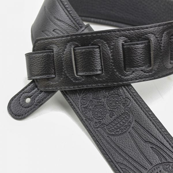 Walker and Williams GM-1279 Black Matte Finish Padded Strap with Flaming Skulls