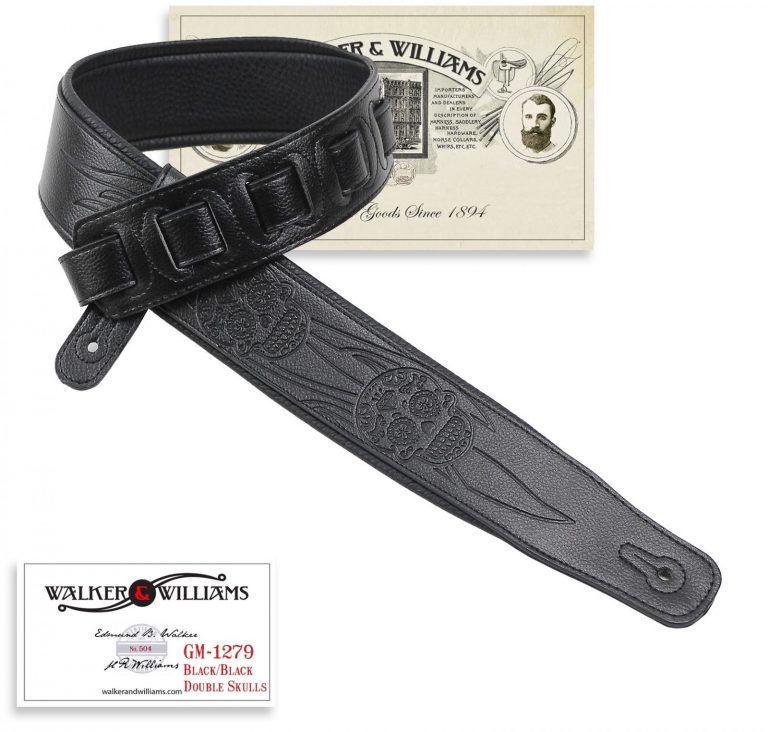 Walker and Williams GM-1279 Black Matte Finish Padded Strap with Flaming Skulls